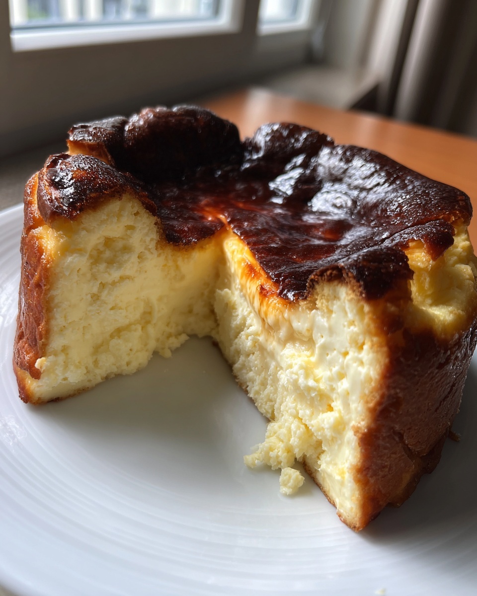 Close-up of a slice of Basque burnt cheesecake showing its creamy interior and dark caramelized top.