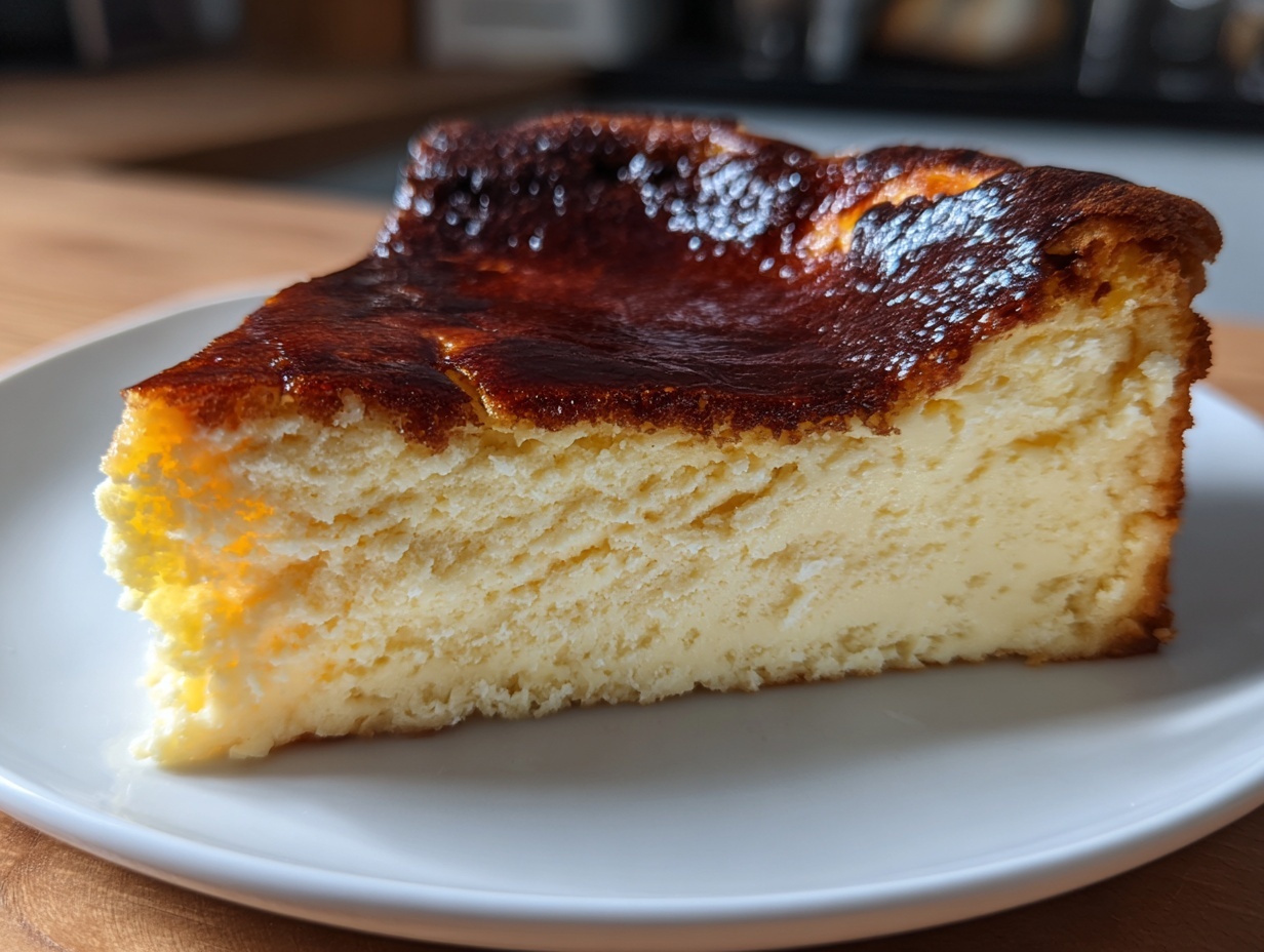 A thick, creamy slice of Basque cheesecake featuring a deeply caramelized, almost burnt top.