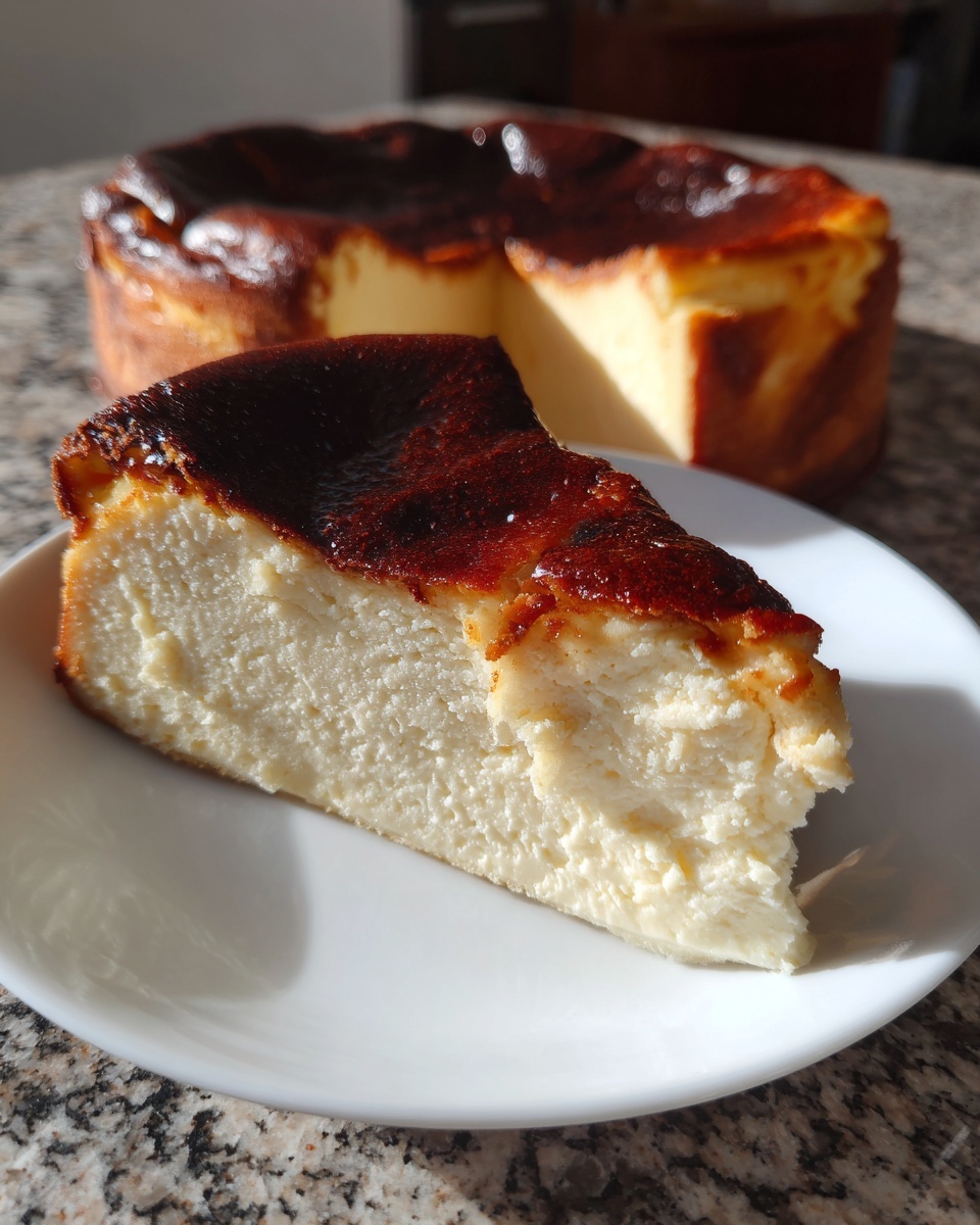 A creamy slice of Basque cheesecake with a dark, caramelized top resting on a white plate, with the rest of the Basque cheesecake in the background.