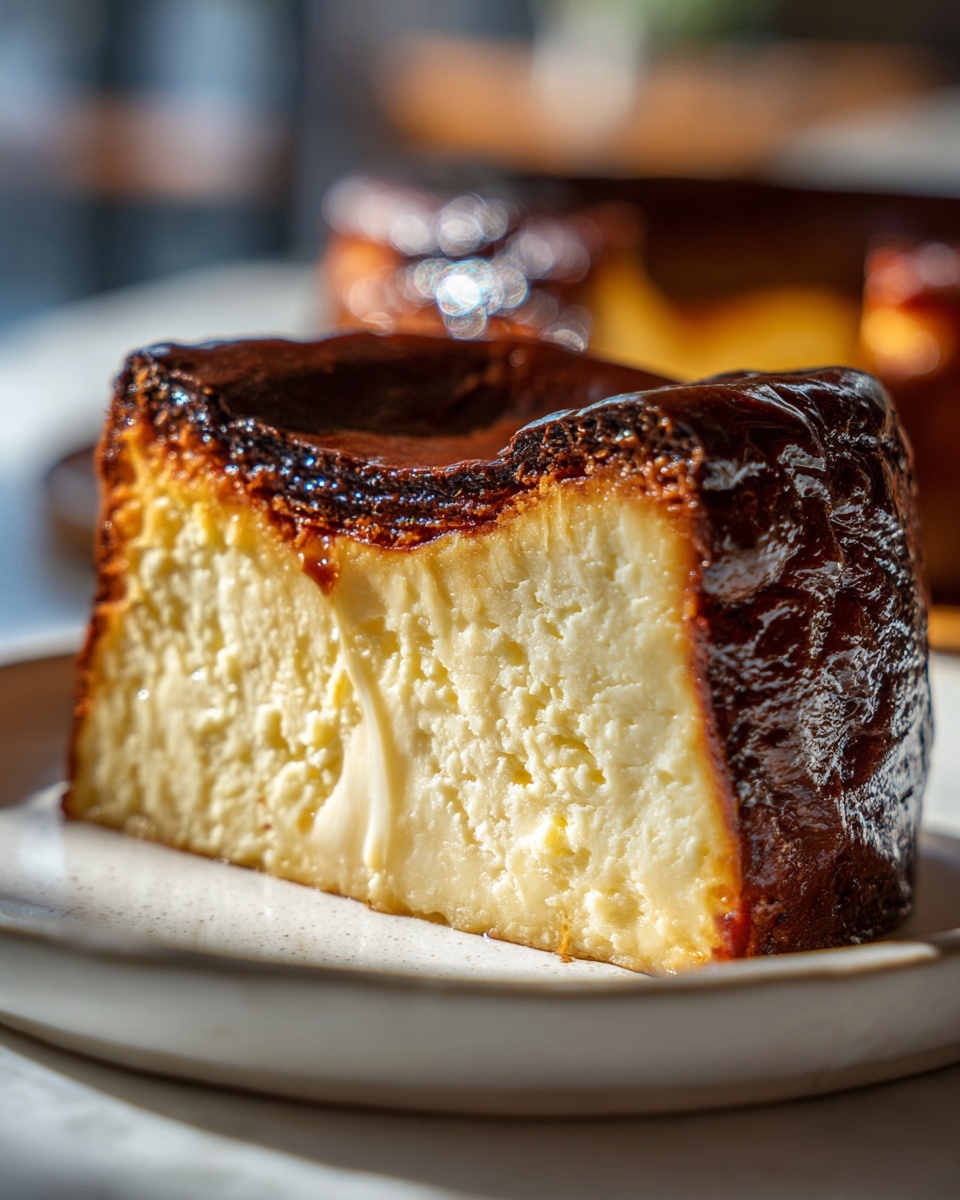 A thick slice of creamy Basque cheesecake featuring a deeply caramelized, almost burnt top crust.