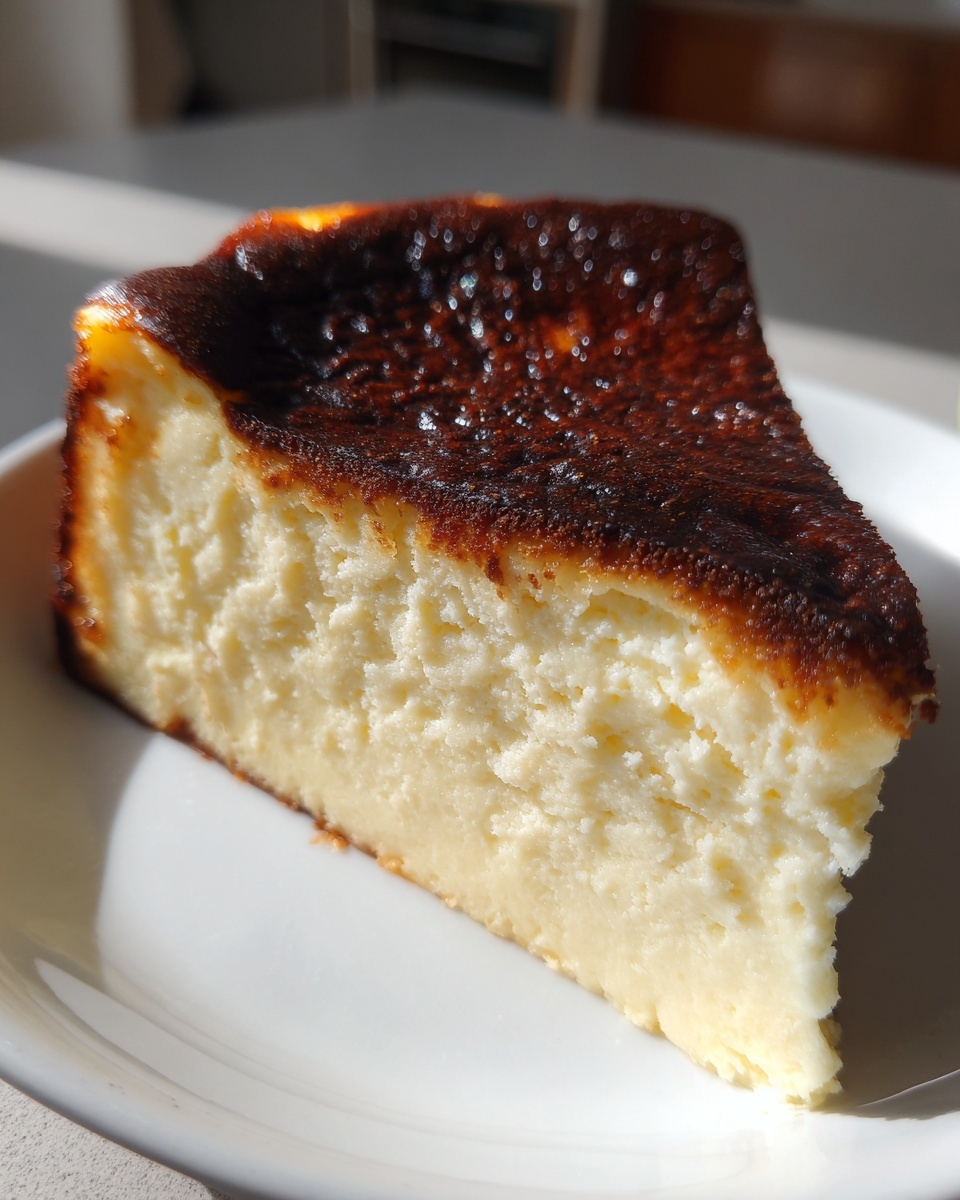 A thick slice of Basque cheesecake showing its creamy interior and signature dark, caramelized top.