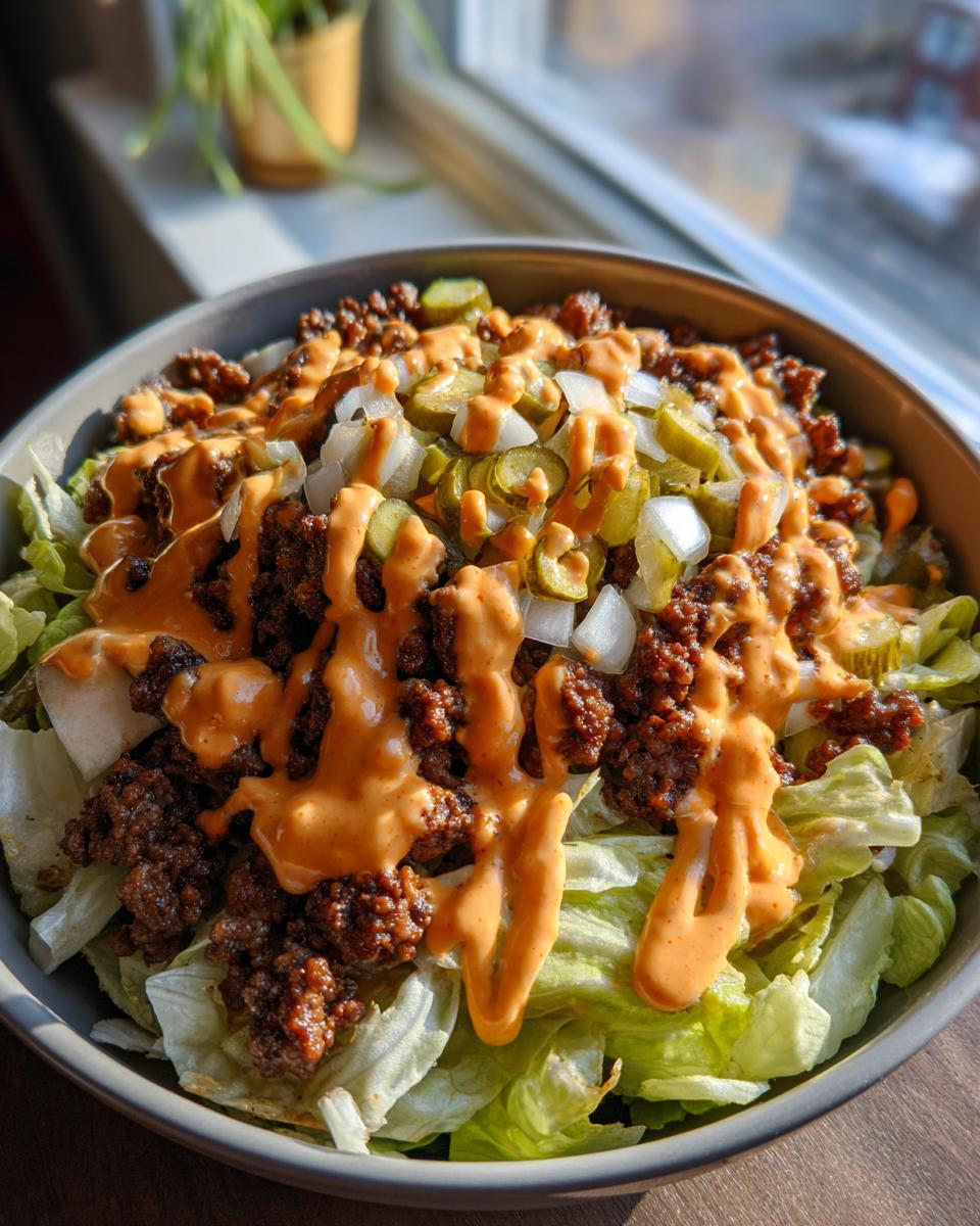 A hearty bowl of Big Mac Salad featuring ground beef, lettuce, pickles, onions, and special sauce drizzled on top.