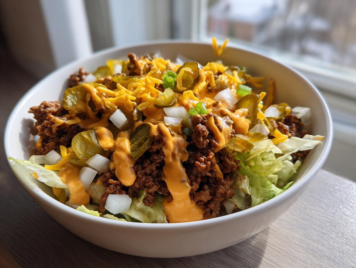 A close-up of a Big Mac Salad featuring seasoned ground beef, shredded cheese, pickles, and special sauce over lettuce.
