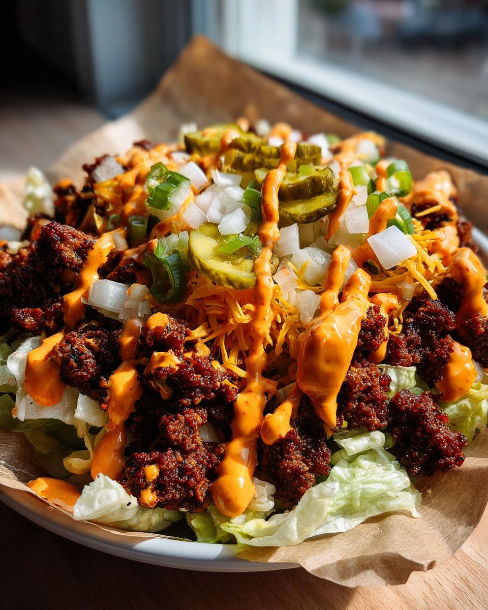Close-up of a Big Mac Salad featuring seasoned ground beef, lettuce, pickles, onions, and special sauce drizzle.