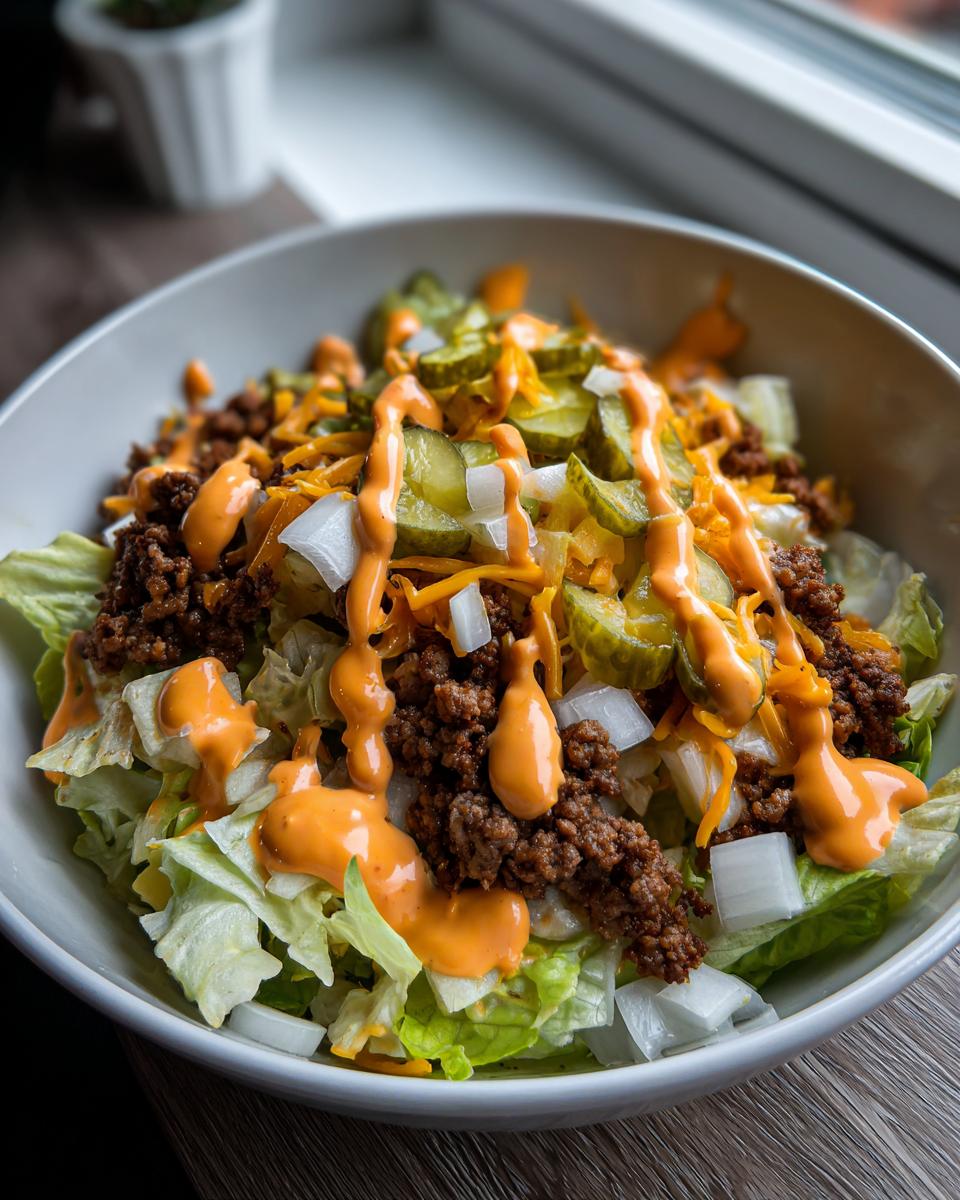 A close-up view of a Big Mac Salad featuring seasoned ground beef, lettuce, pickles, onions, and special sauce drizzle.