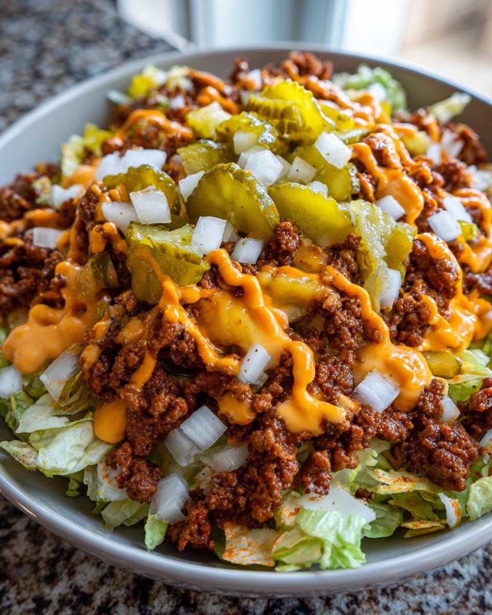 A close-up view of a Big Mac Salad featuring seasoned ground beef, lettuce, pickles, onions, and a drizzle of special sauce.