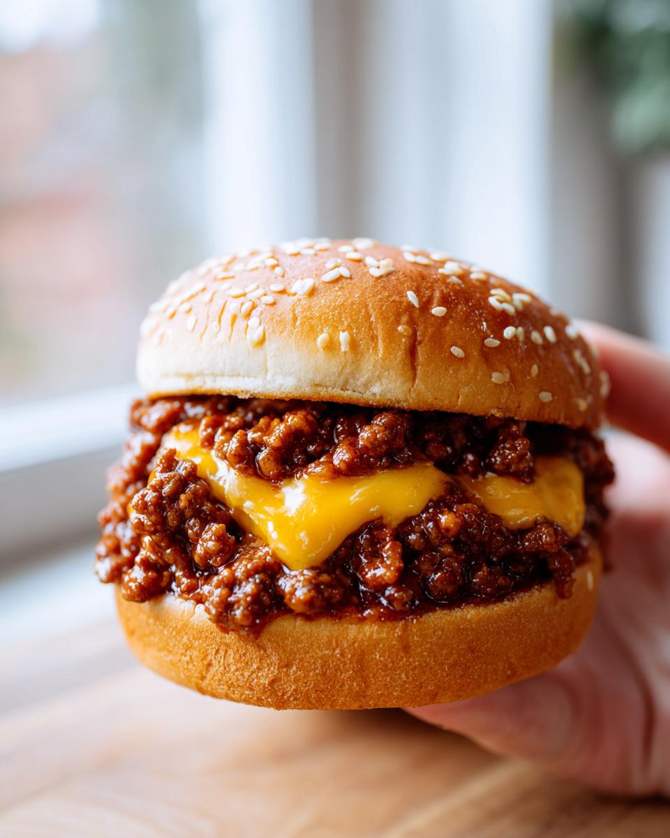 Close-up of a juicy Big Mac Sloppy Joes sandwich with melted cheese on a sesame seed bun.