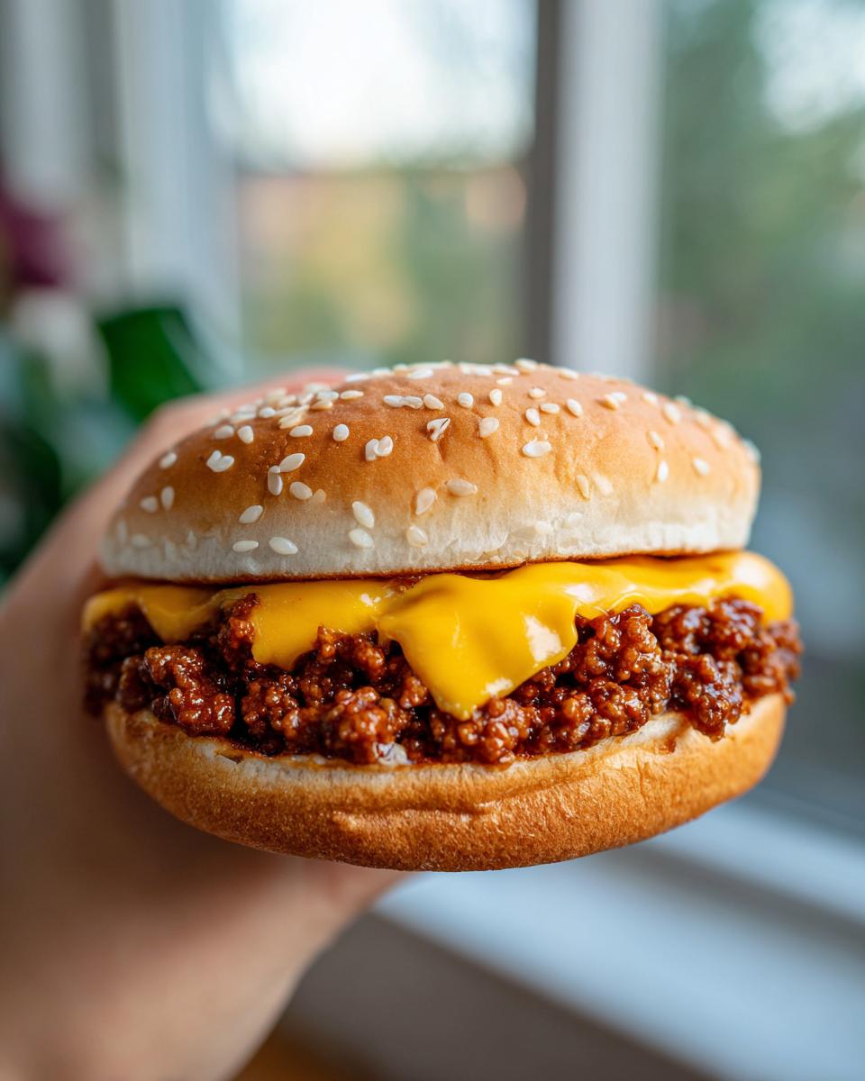 A hand holding a delicious Big Mac Sloppy Joes sandwich featuring a sesame seed bun and melted American cheese.