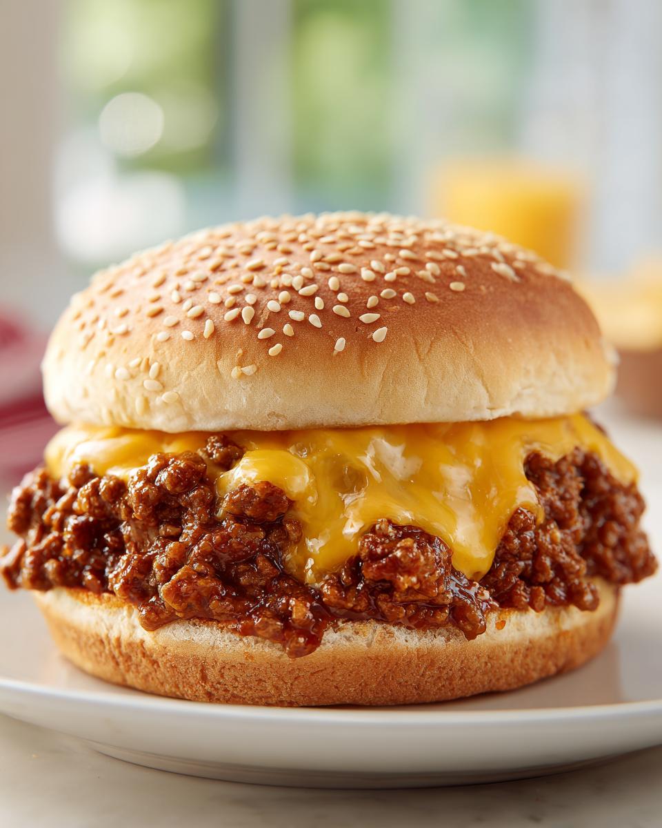 Close-up of a Big Mac Sloppy Joes sandwich featuring a sesame seed bun, saucy meat filling, and melted American cheese.