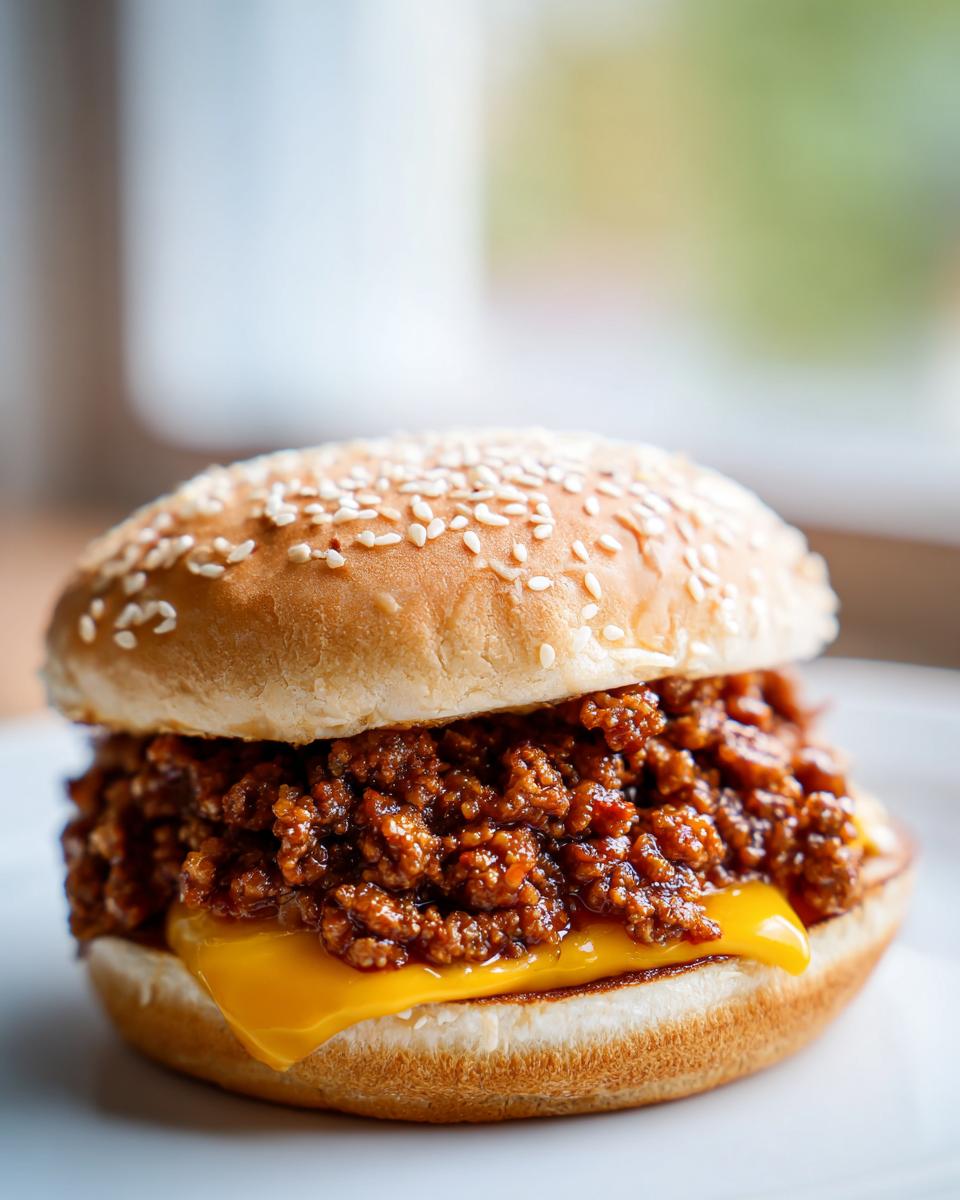 A close-up of a Big Mac Sloppy Joes sandwich featuring a sesame seed bun, cheesy sauce, and savory ground meat filling.