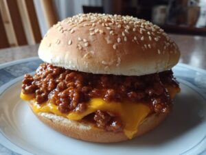Close-up of a Big Mac Sloppy Joes sandwich stacked high with savory meat sauce and melted cheese on a sesame seed bun.