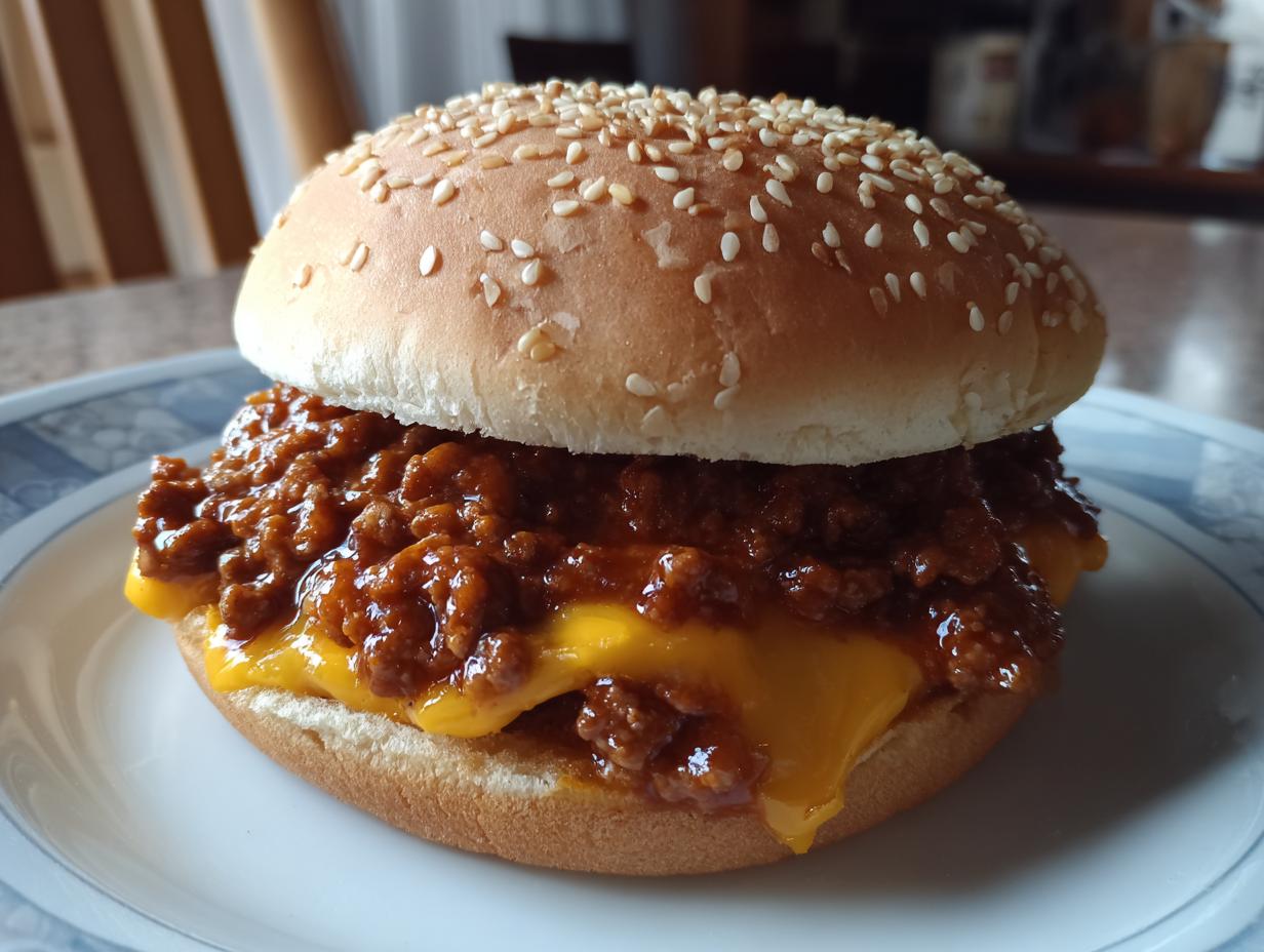 Close-up of a Big Mac Sloppy Joes sandwich stacked high with savory meat sauce and melted cheese on a sesame seed bun.