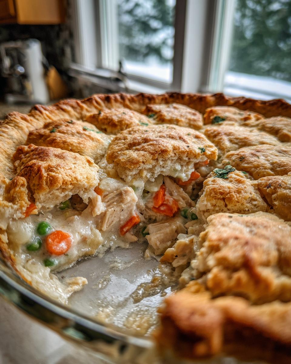 A serving spoon has removed a portion of a creamy chicken pot pie, revealing chunks of chicken, carrots, and peas under a golden biscuit topping.