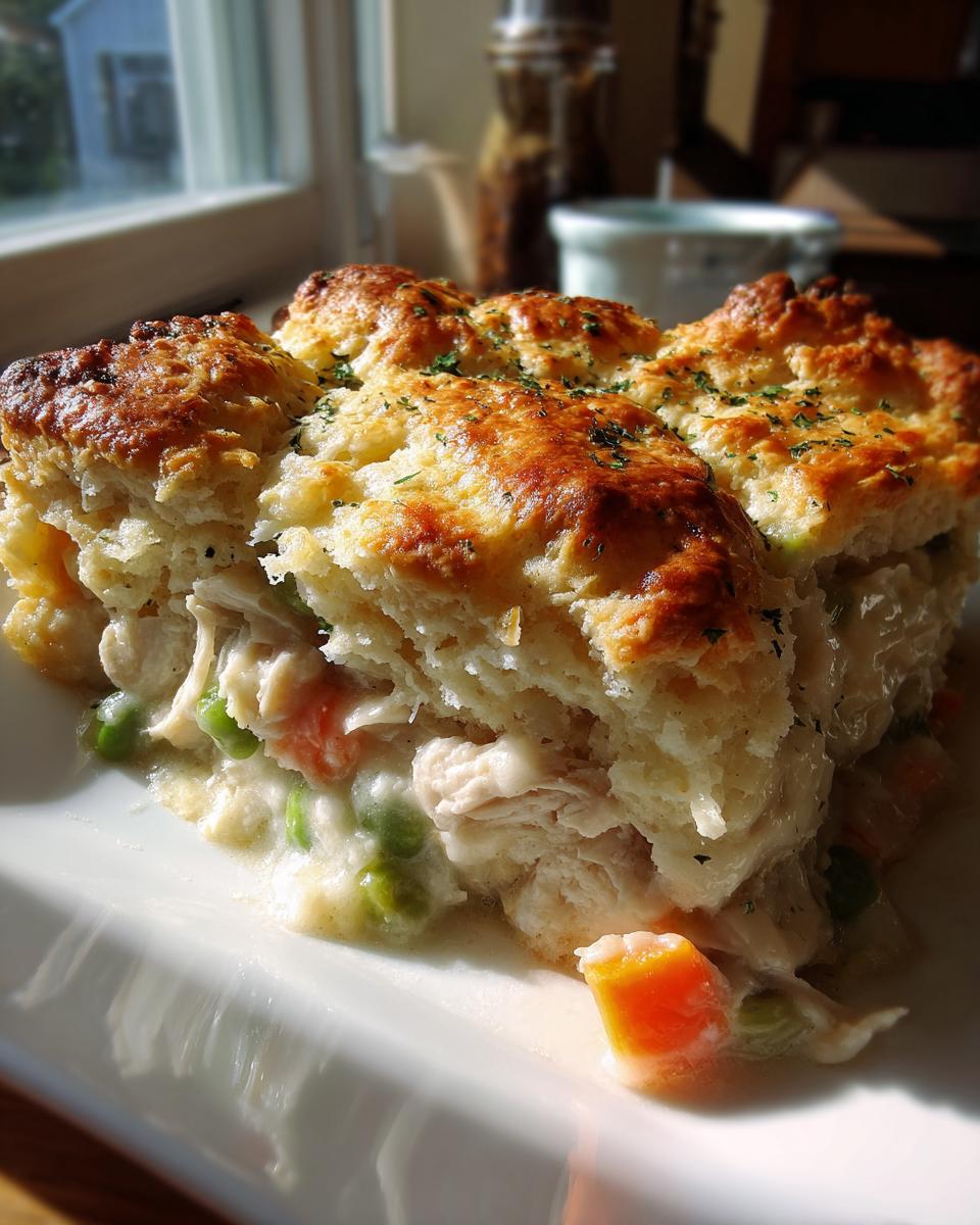 A close-up slice of creamy chicken pot pie with a golden, fluffy biscuit topping and visible carrots and peas.