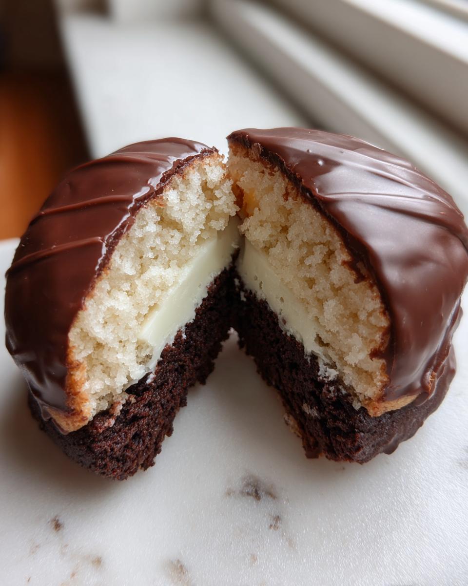 A black and white cookie cut in half showing layers of vanilla cake, cream filling, and chocolate base, covered in chocolate glaze.