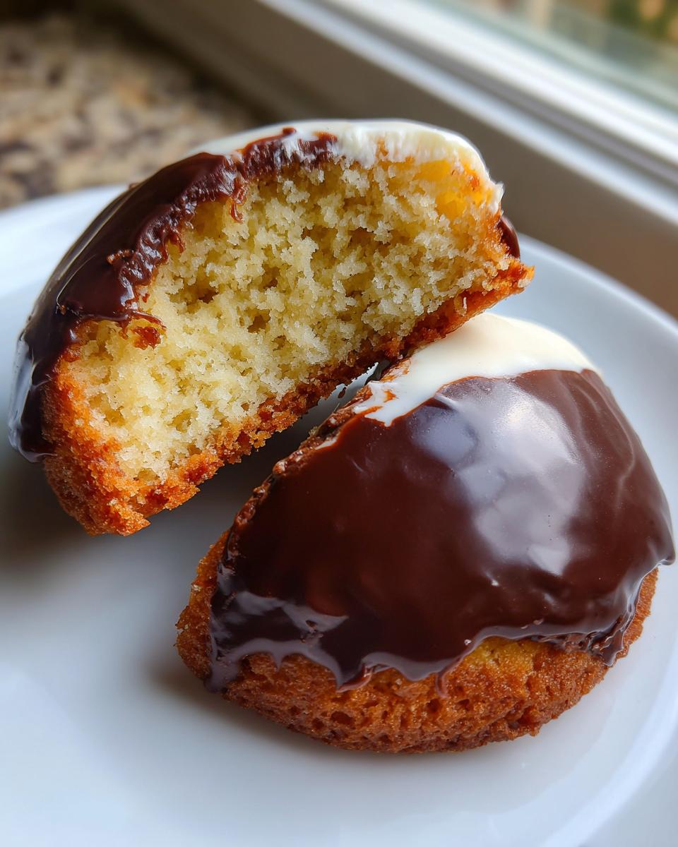 Close-up of a black and white cookie cut in half showing the moist interior and dual icing.