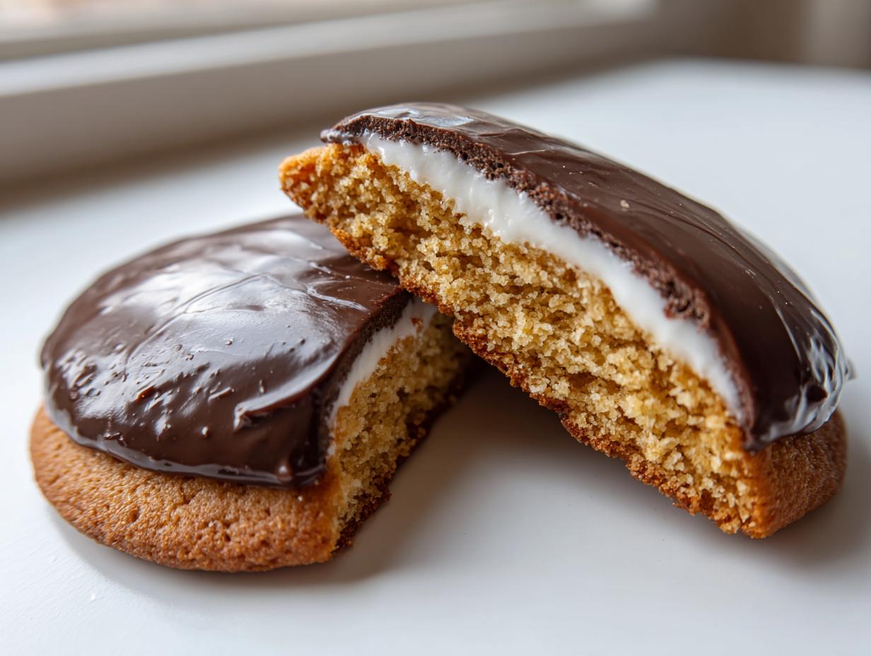 Close-up of black and white cookies cut in half showing the cake base, white filling, and dark chocolate glaze.