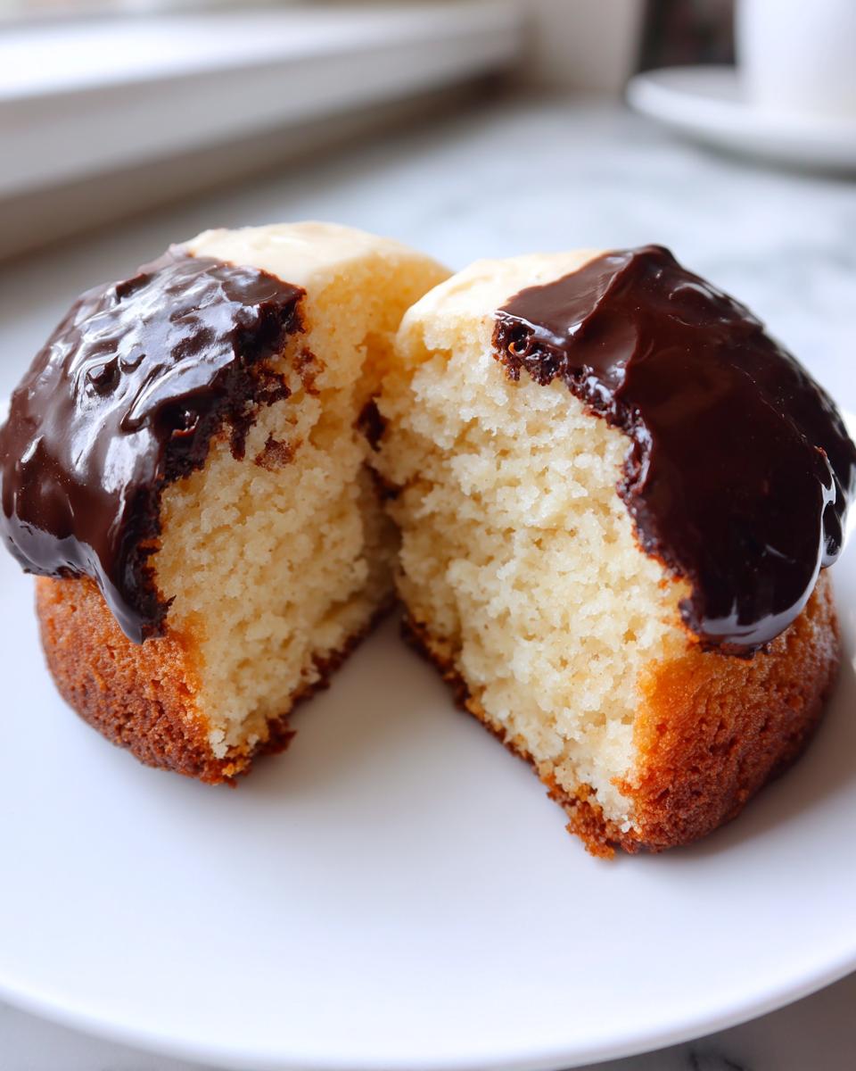 Close-up of a black and white cookie split in half showing the moist interior and dual frosting.