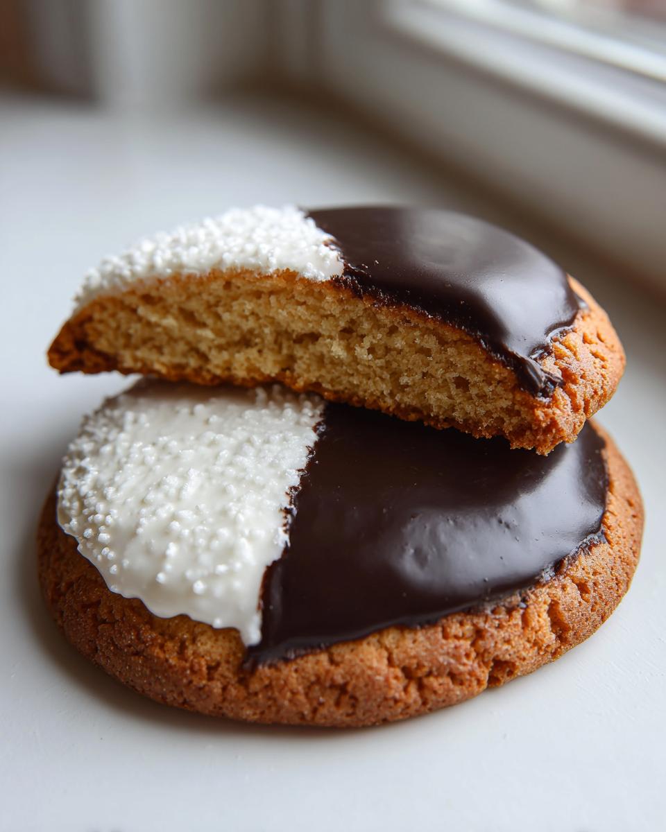 Two black and white cookies stacked, one cut in half showing the cake-like interior and half white frosting with sprinkles.