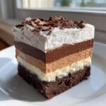 A perfect square slice of brownie refrigerator cake showing five distinct layers, topped with whipped cream and chocolate shavings.