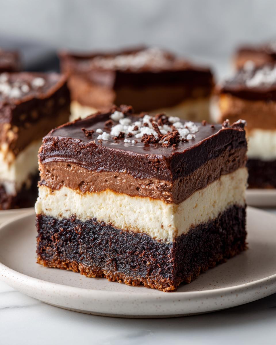 Close-up of a rich slice of brownie refrigerator cake showing three distinct layers: dark brownie, white cream, and chocolate mousse topping.