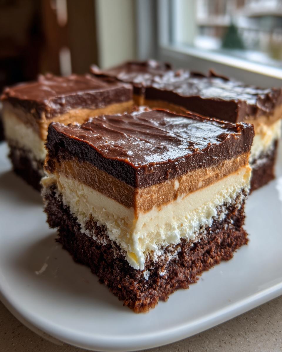 Close-up of a square slice of brownie refrigerator cake showing four distinct layers: dark chocolate base, white cream, caramel/tan layer, and chocolate ganache top.