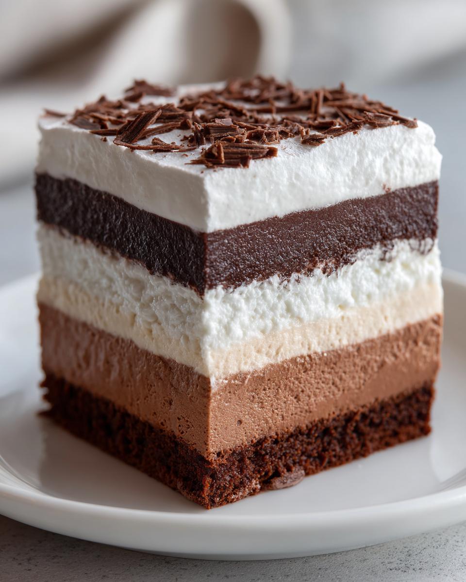 A square slice of multi-layered brownie refrigerator cake topped with whipped cream and chocolate shavings.