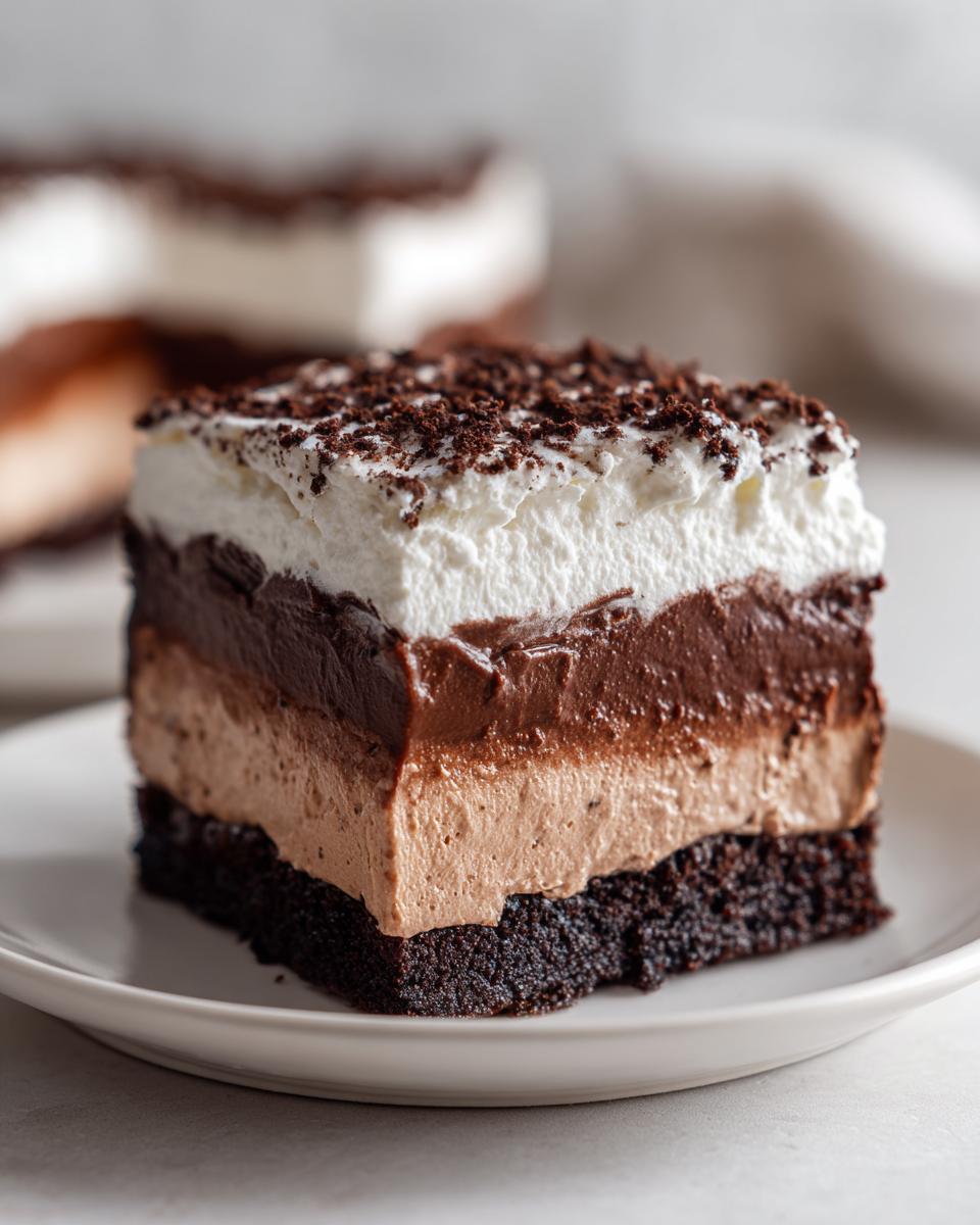 Close-up of a square slice of brownie refrigerator cake showing four distinct layers.