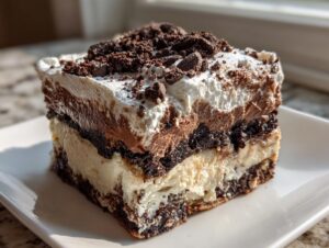 A perfect square slice of brownie refrigerator cake showing three distinct layers and a cookie crumb topping.