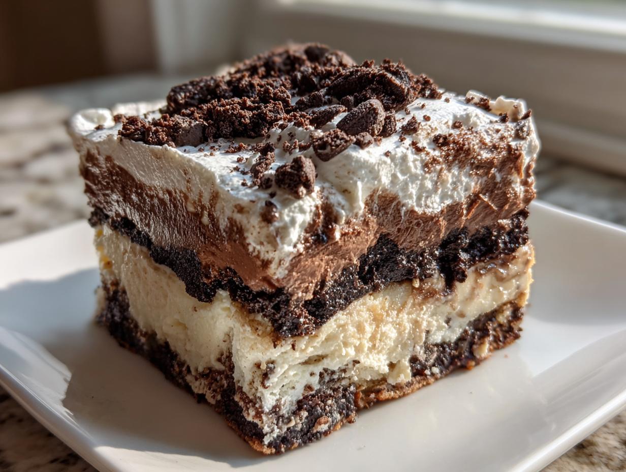 A perfect square slice of brownie refrigerator cake showing three distinct layers and a cookie crumb topping.