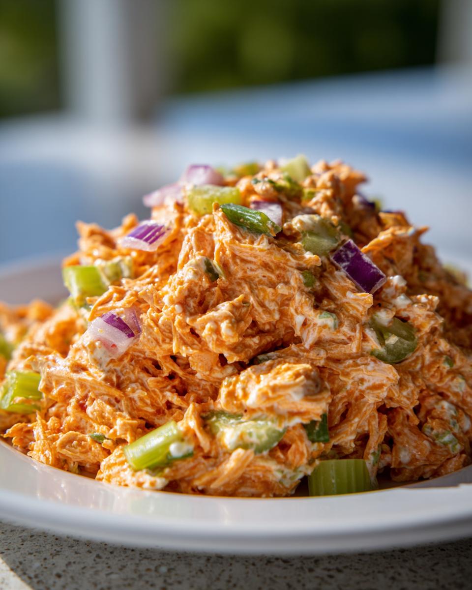 A close-up serving of vibrant orange buffalo chicken salad mixed with celery and red onion on a white plate.