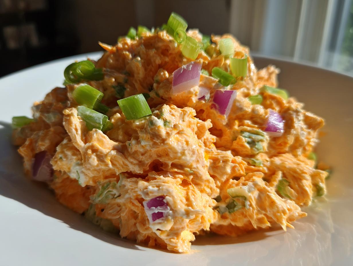 A close-up mound of vibrant orange buffalo chicken salad topped with chopped green onions and red onion pieces.