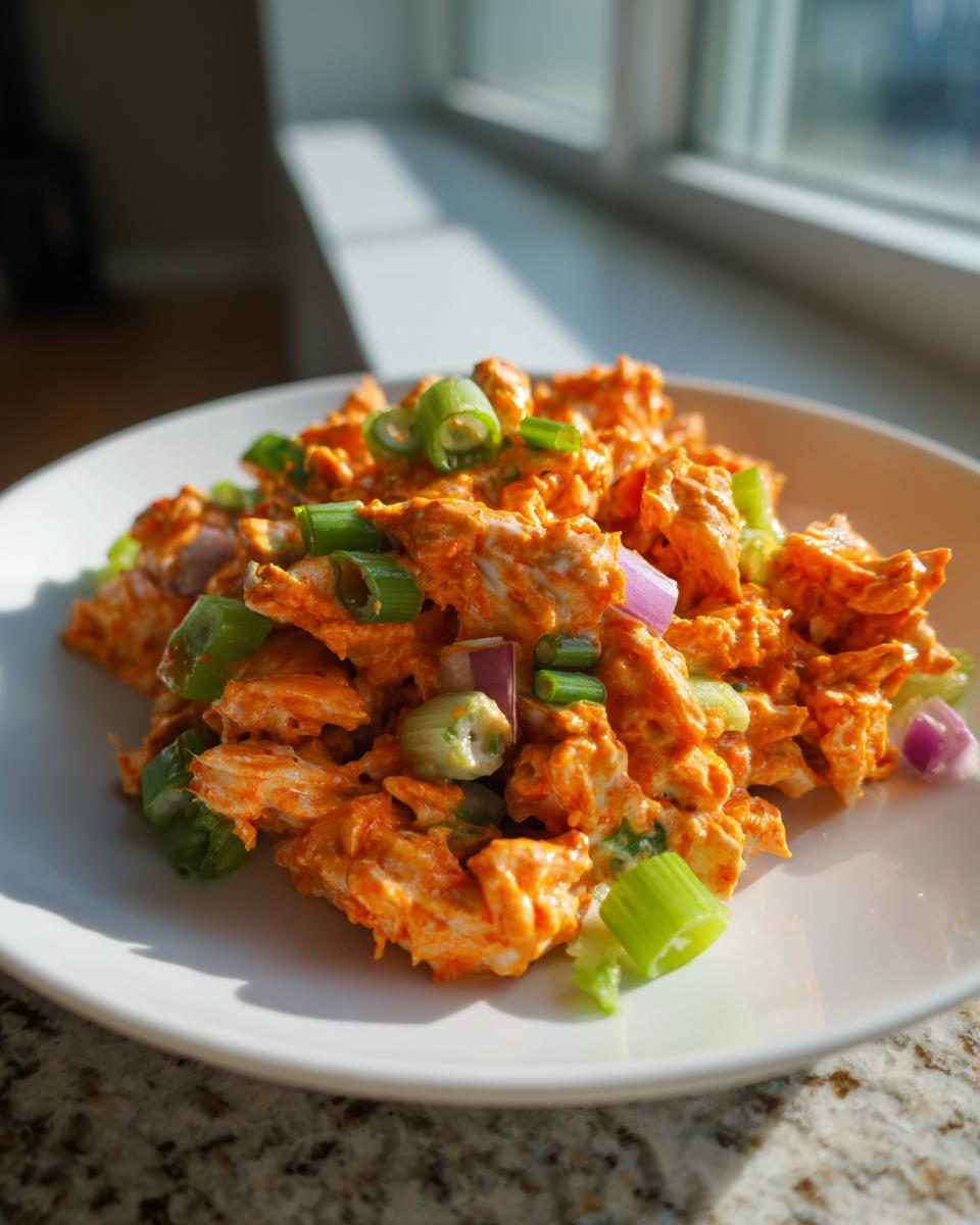 A close-up of bright orange buffalo chicken salad topped with green onions and red onion pieces.