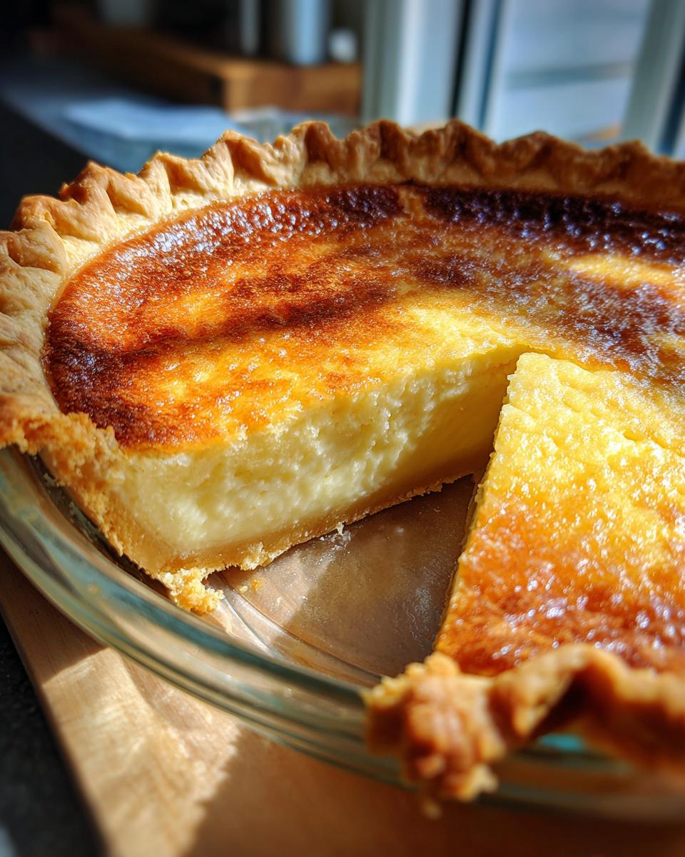 A close-up of a buttermilk pie in a glass dish with one slice partially removed, showing the creamy filling.