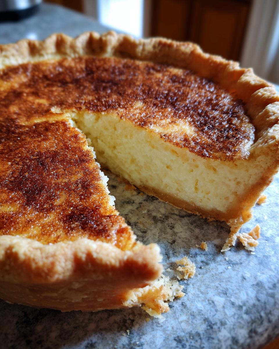 Close-up of a slice removed from a homemade buttermilk pie showing the creamy filling and caramelized top.