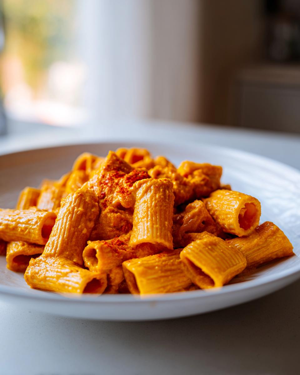 Close-up of rigatoni pasta coated in a rich, orange butternut squash pasta sauce, sprinkled with paprika.