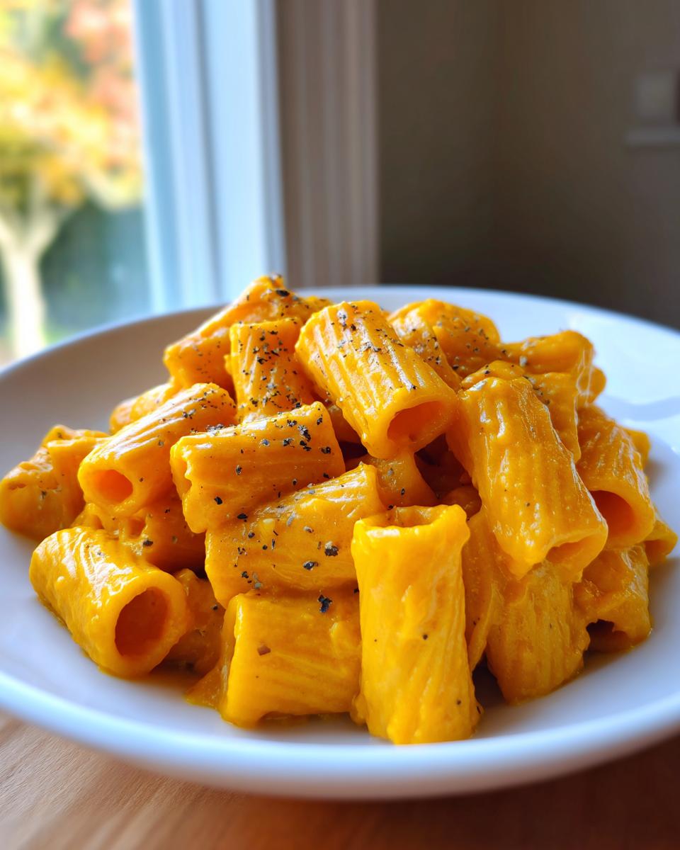 Close-up of rigatoni pasta coated in a rich, orange butternut squash pasta sauce, topped with cracked black pepper.
