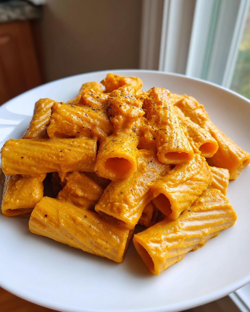 Close-up of rigatoni pasta coated in a rich, orange butternut squash pasta sauce, topped with black pepper.