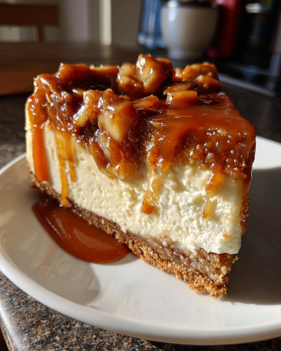 A decadent slice of caramel apple cheesecake topped with chunky caramelized apples and sauce.