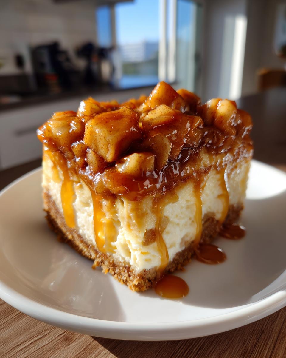 A rich slice of caramel apple cheesecake with a graham cracker crust and thick caramel apple topping.