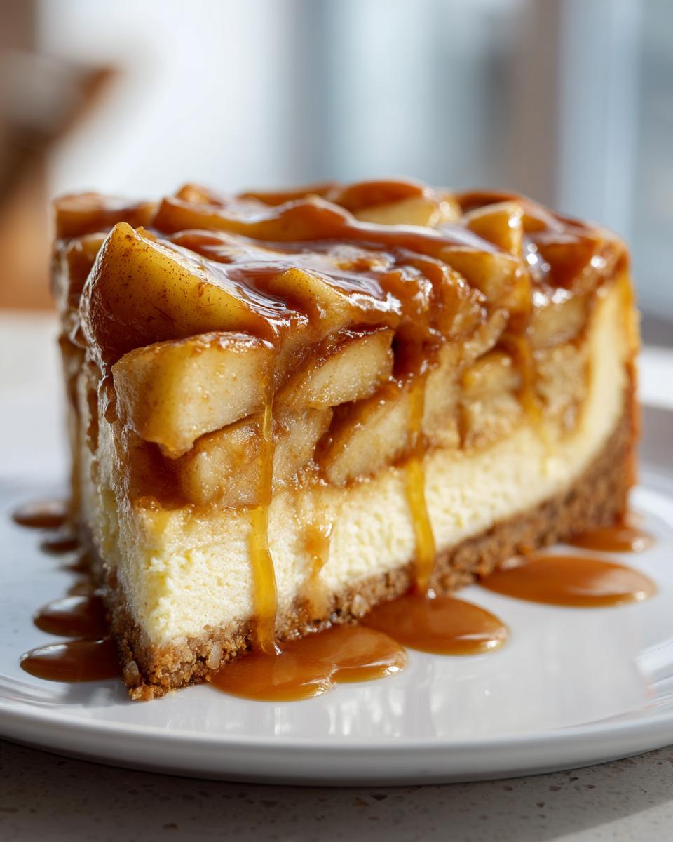 A decadent slice of caramel apple cheesecake topped with spiced apples and drizzled with rich caramel sauce.
