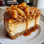 A close-up of a rich slice of caramel apple cheesecake topped with spiced apples and dripping caramel sauce.