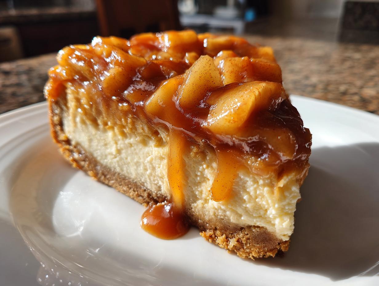 A close-up of a thick slice of caramel apple cheesecake topped with spiced apples and dripping caramel sauce.