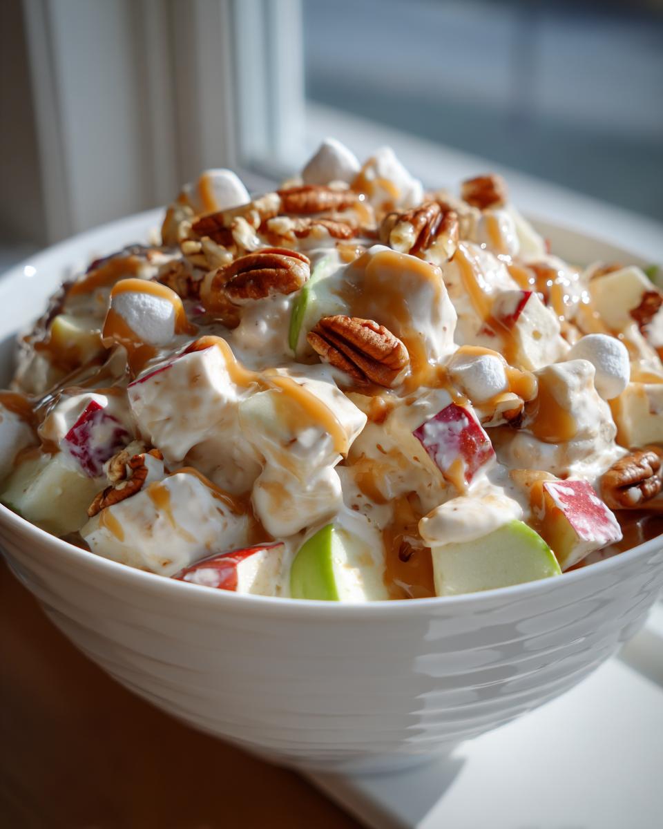 Close-up of a creamy apple salad featuring diced red and green apples, marshmallows, pecans, and caramel drizzle.