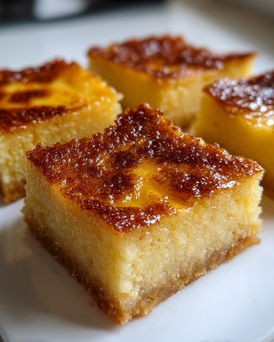 Close-up of several square slices of moist cassava cake with a caramelized, glossy brown top.