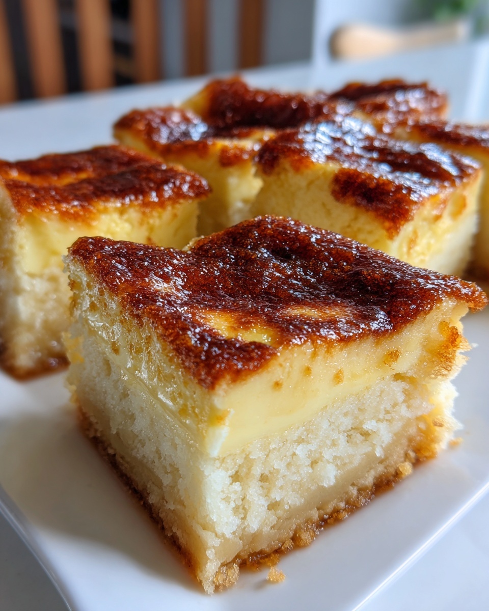 Close-up of square slices of homemade cassava cake featuring a dense base and a creamy custard layer with a deeply caramelized top.