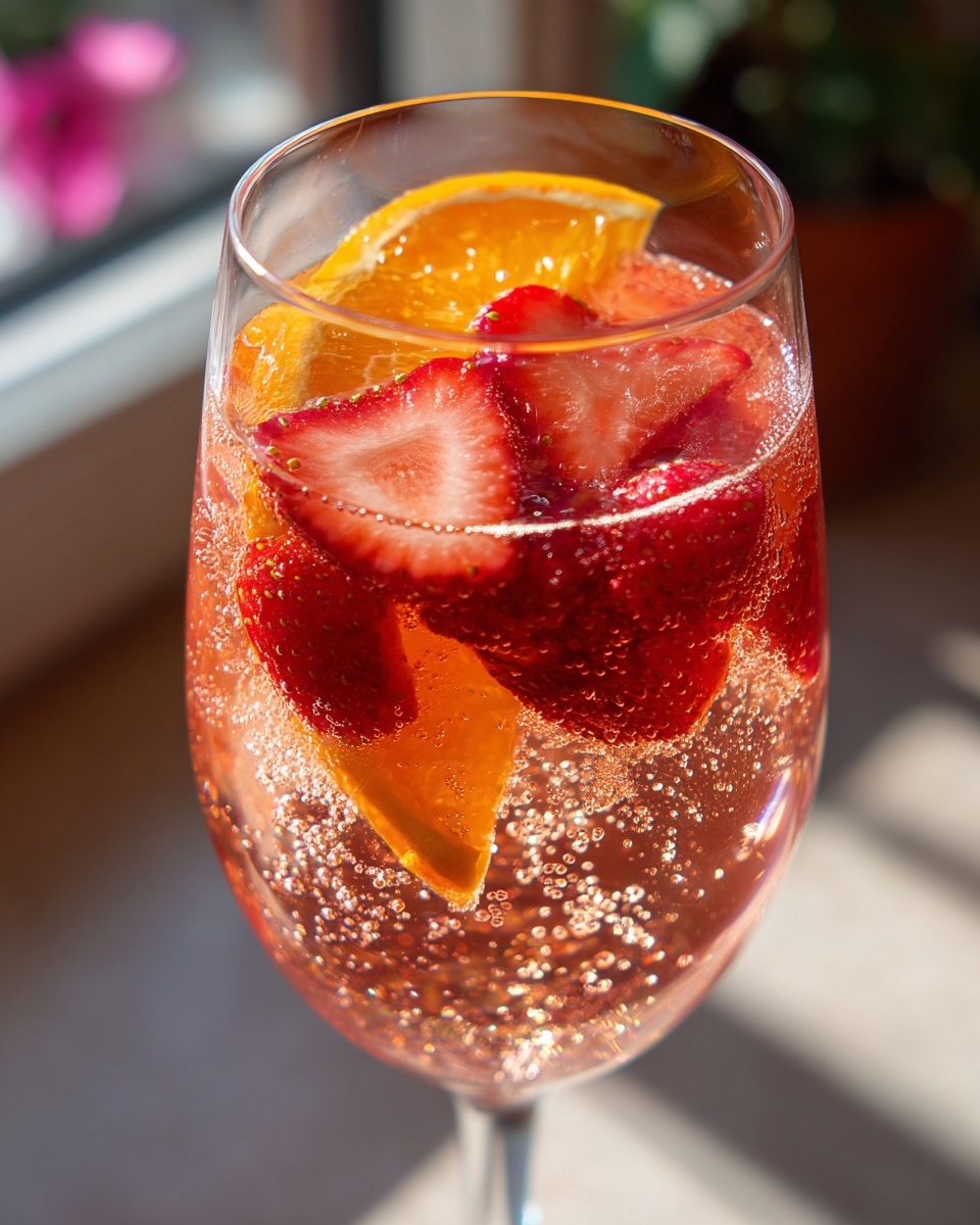 Close-up of bubbling, pink champagne punch garnished with fresh strawberry slices and an orange wedge.