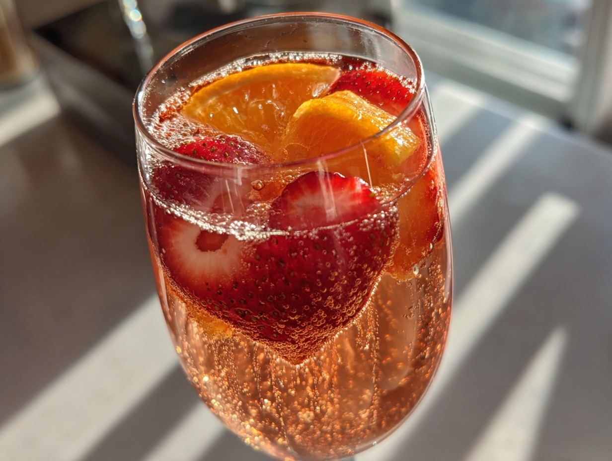 Close-up of a glass filled with bubbly champagne punch, garnished with fresh strawberry slices and orange wedges.