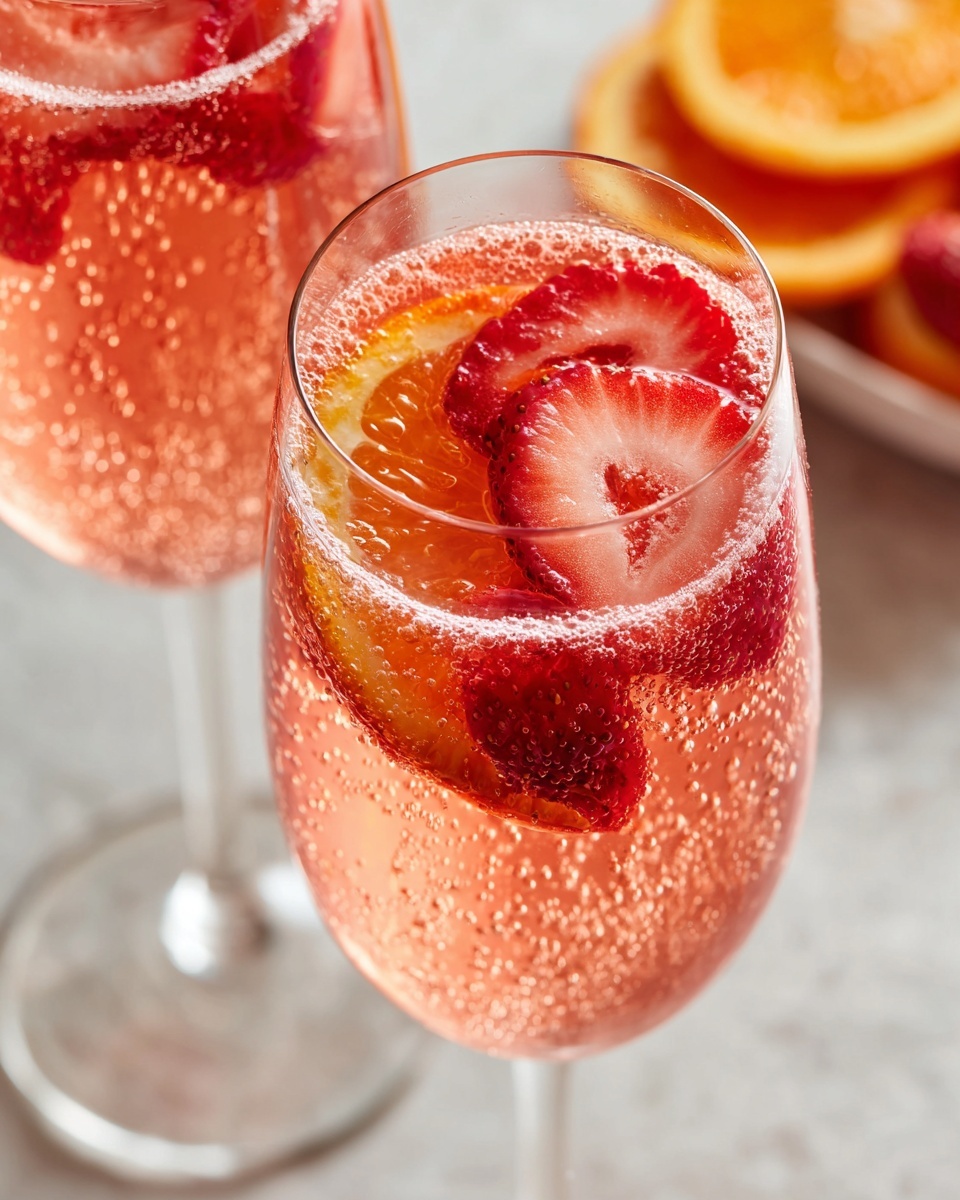Close-up of a bubbly glass filled with pink champagne punch, garnished with fresh strawberry slices and orange.