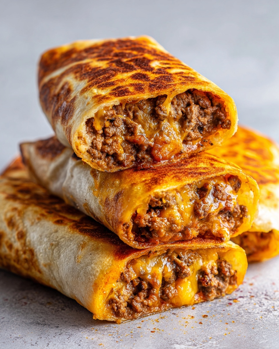 Close-up of stacked, golden-brown Chimichangas cut in half, revealing a savory ground beef and melted cheese filling.